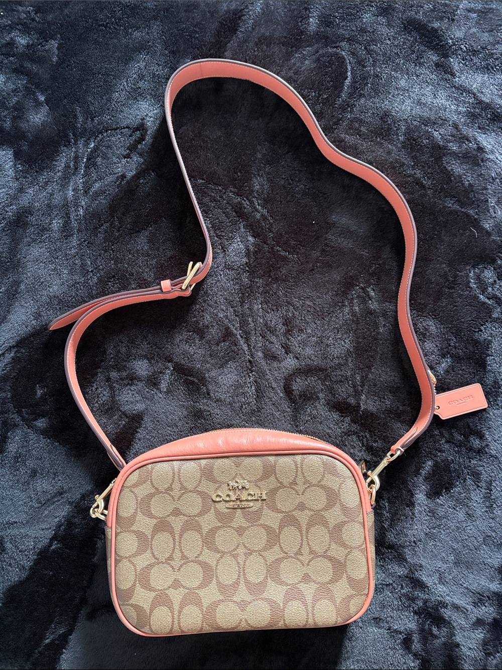 Coach Brown Logo Crossbody with Coral Trim